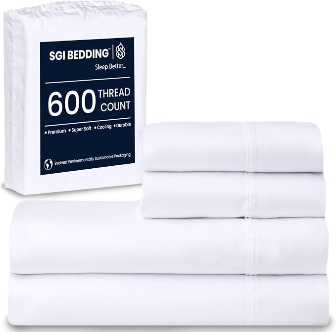 SGI bedding 100% Egyptian Cotton Sheets RV King Size – 600 Thread Count Sheets Set, Soft, Cooling, 15" Deep Pocket, Luxury Hotel Bedding, Breathable, Durable - White