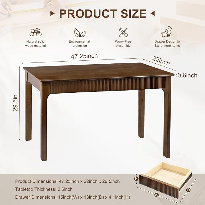 Solid Wood Desk with 2 Drawers,Mid Century Modern Fluted Writing Desk for Home Office,Bedroom,Living Room,Computer Table for Study/Work,oak wood,Easy Assembly. (Walnut, 47.25"L x 22"W x 29.5"H)