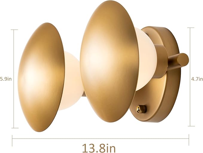 Modern Gold 2light Mushroom Wall Sconces, Globe Spherical Wall Lamp, Mid Century Small Brass Vanity Single Ball Lights Fixture, Contemporary Milk Glass Wall Mounted Lamp for Bedroom Bathroom Hallway