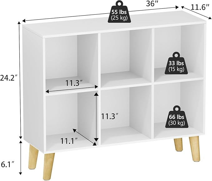6 Cube Storage Organizer with Legs, 2 Tier Cube Low Bookcase Freestanding Storage Display Organizer for Home Office, Six-Cubes Open Shelf Bookshelf (White, 6 Cube Horizontal)