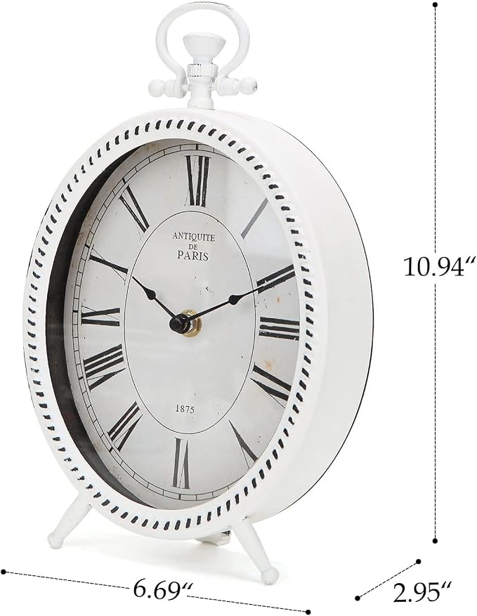 NIKKY HOME Vintage Table Clock, Metal White Table Clock Retro Non-Ticking Desk Clock Battery Operated Antique Non-Alarm Clocks for Bedroom Living Room Indoor Decoration