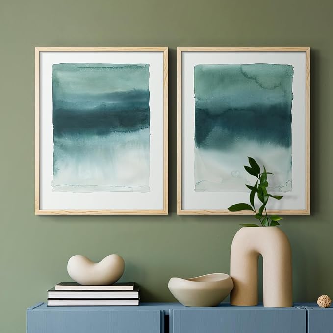 Renditions Gallery Set of 2 Peel & Stick Framed Prints, Tie Dye Abstract Wall Art, Sage Green Watercolor Horizon Wall Decor, Re-Stickable - Ready to Hang - 8"x10" - NATURAL WOOD Frame LT588