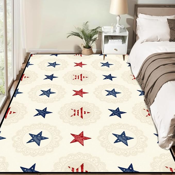 Star Area Rug 3'x5' Vintage Red Blue White Carpet Washable Low Pile Floor Mat Rugs for Entryway Bedroom Living Room Nursery Kitchen Playroom Home Decor