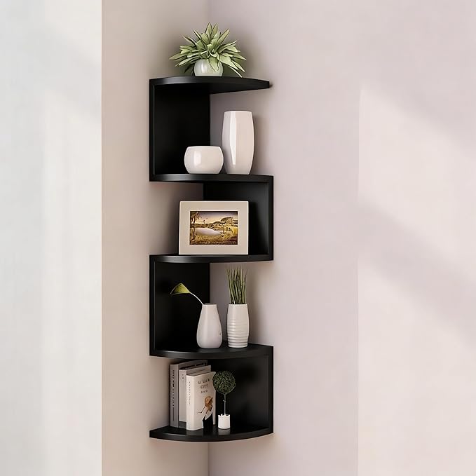 No-Drill Corner Shelf Wall Mount, 5-Tier Floating Corner Bookshelf with Hooks, Space-Saving Zigzag Plant Shelf for Bedroom, Living Room, Bathroom, Home Office（Black）