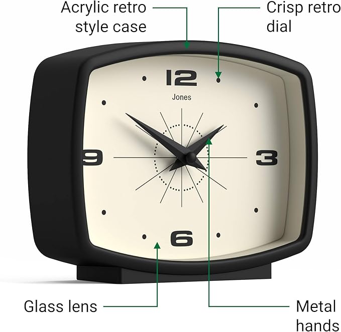 JONES CLOCKS® Film Desk Clock | Retro Rectangular Design | Black | Retro Design, Blending mid-Century Style with a Punchy Modern Finish for Shelf, Table, Mantel or Bedside