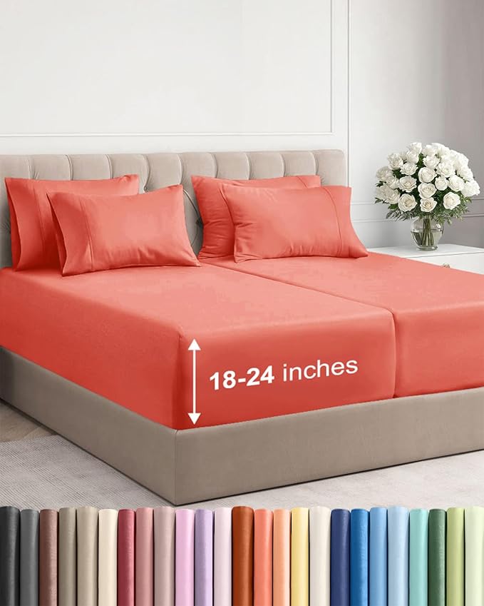 Extra Deep Split King Sheet Set - 7 Piece Breathable and Cooling Sheets - Hotel Luxury Bedding for Women, Men, Kids & Teens - Easy Secure Fit - Soft, Wrinkle Free & Comfy - Extra Deep Pockets - Coral