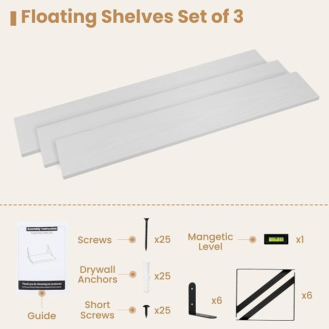 Heimlove Floating Book Shelves for Wall,47.2 Inches Long Wall Mounted Bookshelves,Heavy Duty Bracket Shelves for Living Room Kitchen,Laundry Room Storage & Decor,Set of 3,White