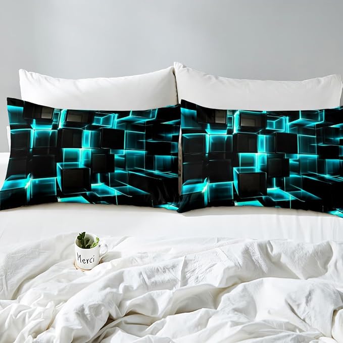 Erosebridal Modern Kids Duvet Cover, 3D Plaid Square Print King Size Bed Cover for Teen Boys, Black and Teal Soft Microfiber Bedding Sets for All Seasons, 3 Piece