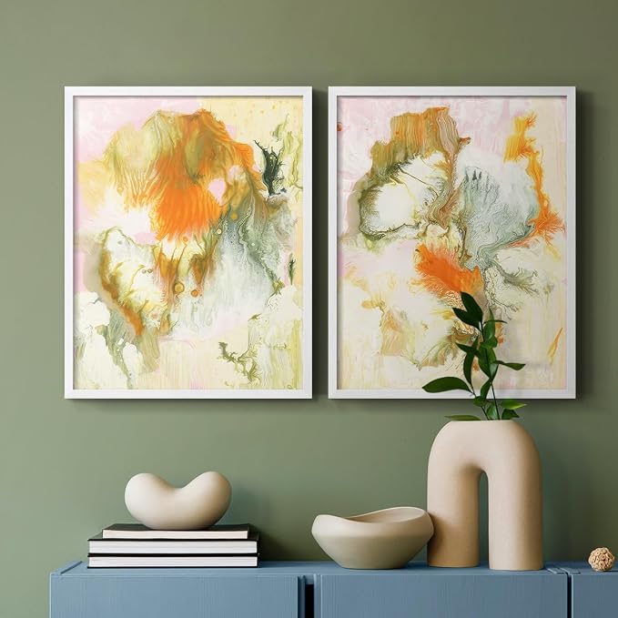 Renditions Gallery Set of 2 Peel & Stick Framed Prints, Modern Abstract Wall Art, Mix Color Oil Paint Design Wall Decor, Re-Stickable - Ready to Hang - 11"x14" - White Frame LT588