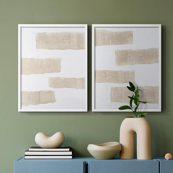 Renditions Gallery Set of 2 Peel & Stick Framed Prints, Modern Abstract Wall Art, Textured Brush Strokes Wall Decor, Re-Stickable - Ready to Hang - 16"x20" - White Frame LT588
