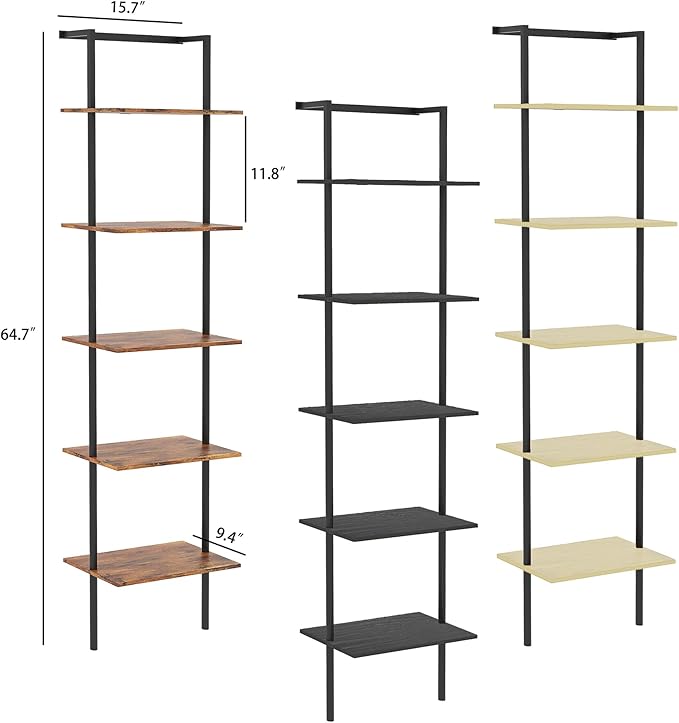 5-Tier Ladder Shelf, Wall Mounted Ladder Bookshelf with Metal Frame, Wood Tall Open Storage Rack and Display Shelves for Home Office Bedroom Living Room, Rustic Brown