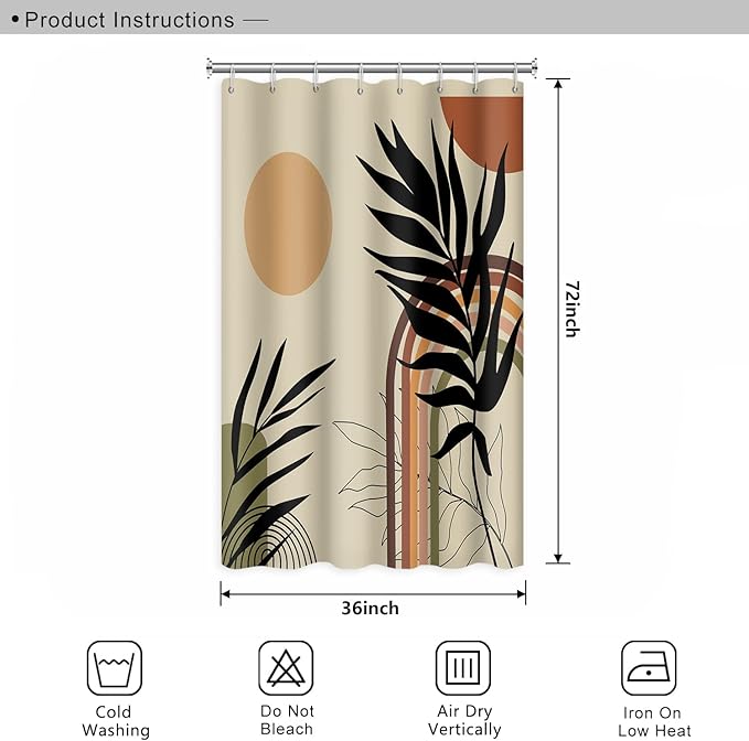 Abstract Mid Century Bohemian Bathroom Shower Curtain - Eucalyptus Leaves, Colorful Arch Sun Design With Hooks, Waterproof Fabric Polyester, Art Home Decor, 36x72 Inch