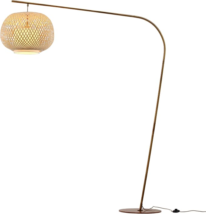 FOS - Modern Bohemian Chic Arch Floor Lamp with Woven Bamboo + Linen Shade - Brushed Brass Finish, Ambient Home Lighting in Living Room, Bedroom, Study, Nursery