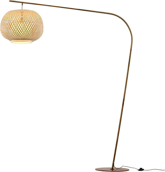 FOS - Modern Bohemian Chic Arch Floor Lamp with Woven Bamboo + Linen Shade - Brushed Brass Finish, Ambient Home Lighting in Living Room, Bedroom, Study, Nursery