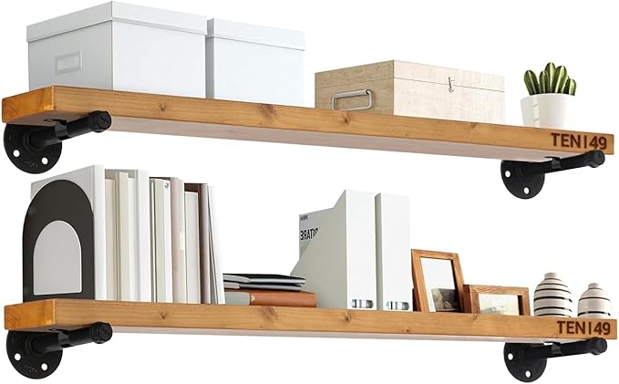 TEN49 Real Wood Rustic Floating Shelves Wall - 36 Wide Small Wooden Industrial Pipe Shelving - Farmhouse Pipe Wall Shelves Furniture Bathroom Decor Art Shelf Kitchen - Light Walnut Color - Set of 2