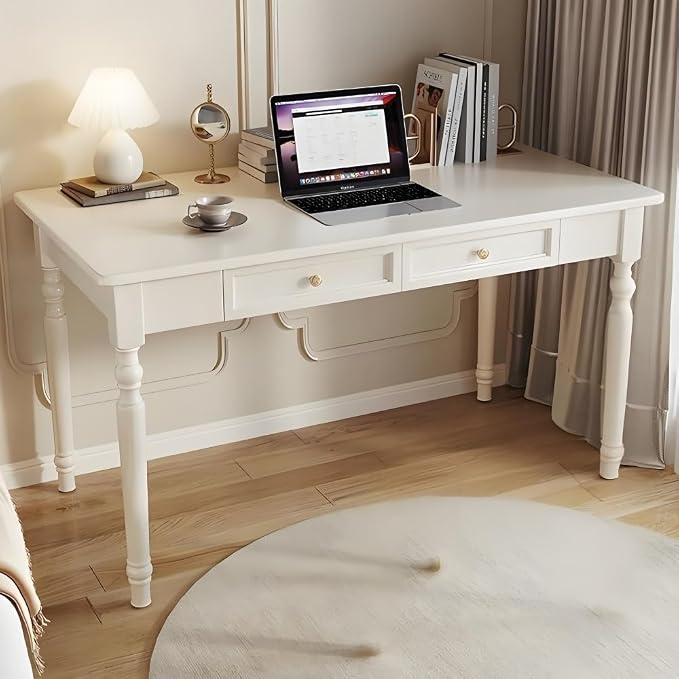 Small Computer Desk with 2 Drawers, Mid Century Modern Writing Desk, Vintage Wooden Vanity Table, Simple Study Work Table for Living Room, Bedroom, Office(White,120cm/47.2in)