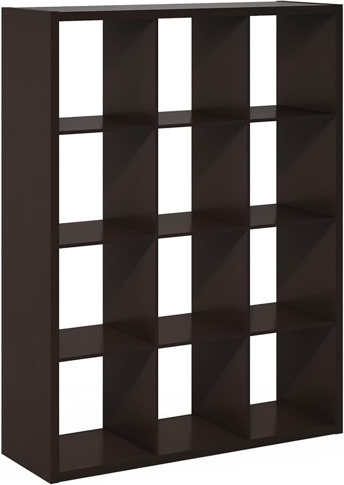 Furinno Cubicle Book Shelf, 12-Cube Bookshelf, Extra Thick Frame Reversible Bookcase with Open Back, 14.6" x 44" x 58", for Living Room, Bedroom, Home Office, Black Dark Oak