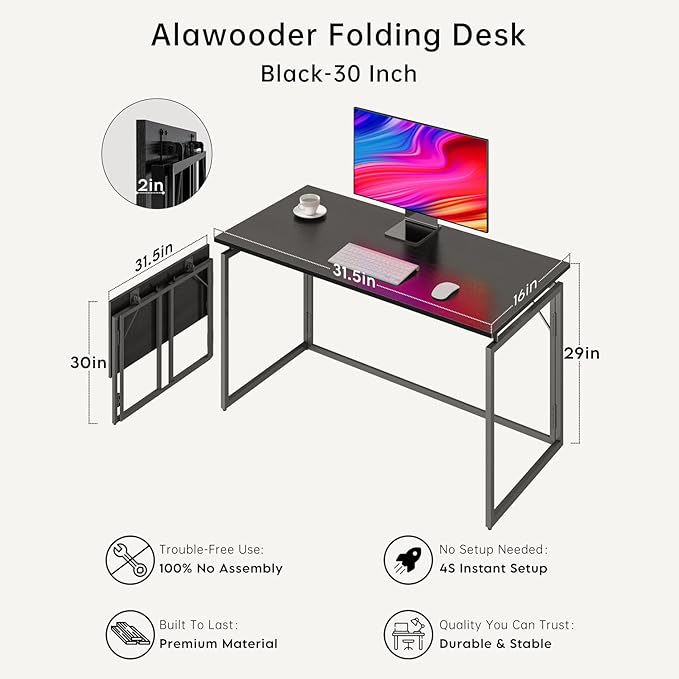 alawooder Folding Desk - 31.5" Wood Top Foldable Desk for Small Spaces | No Assembly Required Compact Desk for Home Office, Writing, and Study