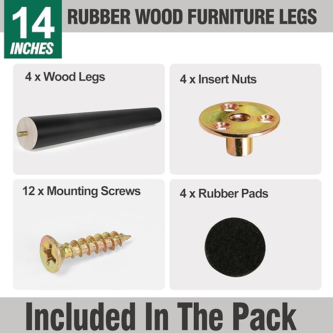FoDau770 Black Rubber Wood Furniture Legs 14 Inches, Straight Tapered Wood Feet Mid Century Sofa Legs Set of 4, 5/16" UNC Furniture Feet for Cabinet Couch Dresser Chair Ottoman Table