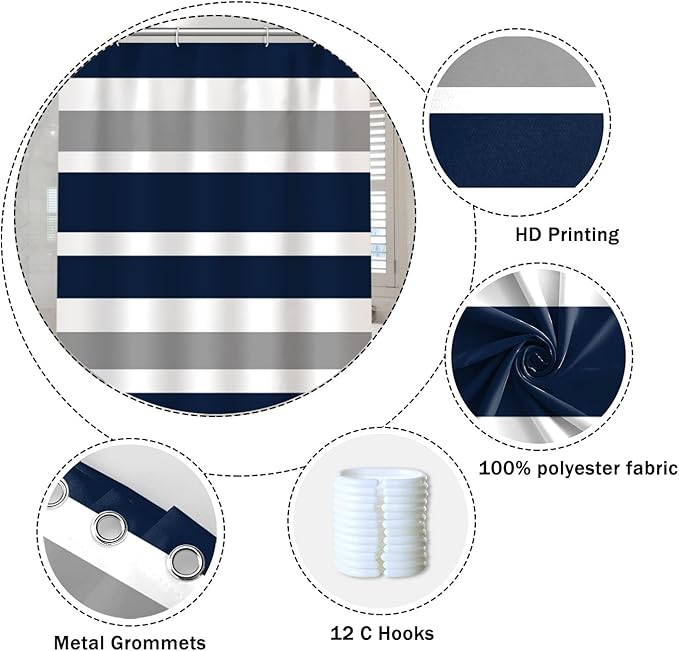 Stripes Fabric Bathroom Curtain Dark Blue Grey Modern Minimalist Shower Curtain with Hooks Polyester Waterproof Abstract Artistic Decor, 72x96 Inch