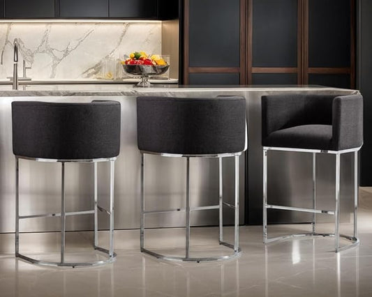 Contemporary Charcoal Linen Bar Stools Set of 3, 29" Upholstered Fabric Counter Height Barstools Kitchen Counter Island Stools with Chrome Metal Base
