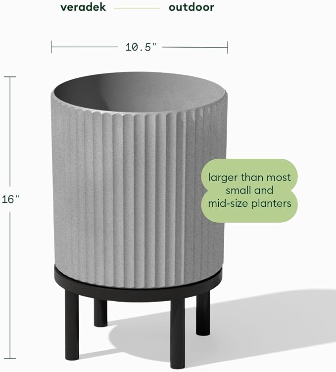 Veradek Demi Series Round Planter w/Stand for Porch/Patio | Durable Plastic-Stone Composite & Wooden Stand | Modern Décor for Tall Plants, Flowers