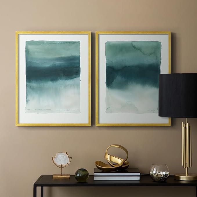 Renditions Gallery Set of 2 Peel & Stick Framed Prints, Tie Dye Abstract Wall Art, Sage Green Watercolor Horizon Wall Decor, Re-Stickable - Ready to Hang - 8"x10" - GOLD Frame LT588