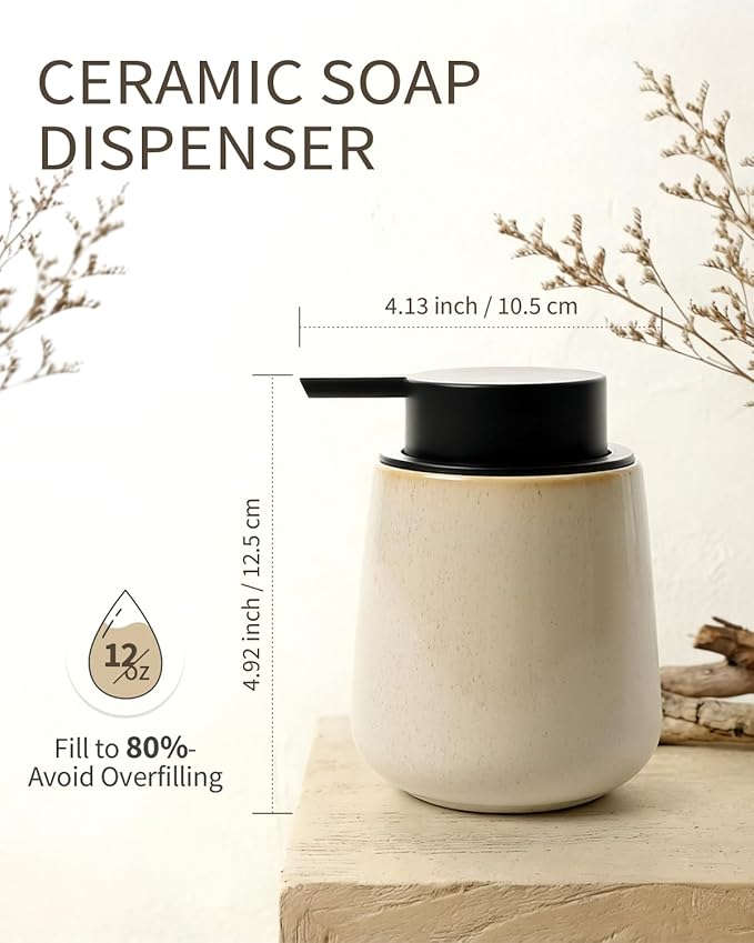 BosilunLife Foam Hand Soap Dispenser - 12 oz Bathroom Hand Pump Dispenser Foaming Soap Dispenser Ceramic Dish Liquid Dispenser for Kitchen, Greige with Speckle