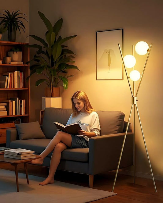 Lightdot Globe Modern Floor Lamp Stepless Dimmable Gold Tripod Standing Lamps with 3PCS 3000K Bulbs Included Stable Based Mid Century Modern Floor Lamp for Living Room/Bedroom/Sofa Beside/Corner Decor