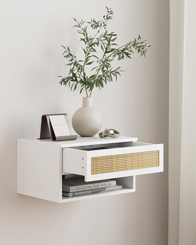Small Modern Nightstand with Drawer, Floating Shelves for Bedroom, Bathroom (White Rattan)