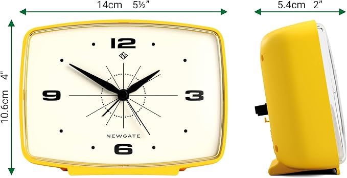 NEWGATE® Brooklyn Alarm Clock | Rectangular Retro Design | Citrus Yellow | Ideal for Bedside, Desk, Shelf & Mantel | Mid-Century Retro Bedroom & Office Accessory