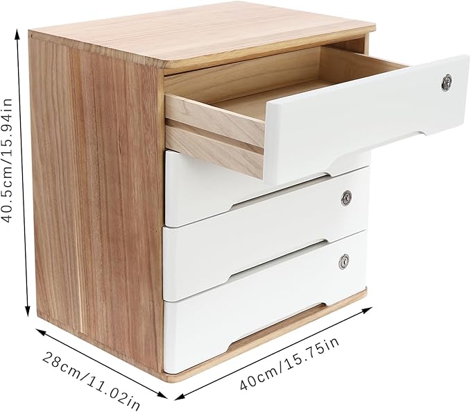 Desktop File Organizer with Lock, 2/3/4 Tier Multi-Drawer Wooden Storage Cabinet, Office Supply Organizer for Home Desk, Study & Workplace (Natural + White, 4 Layers)
