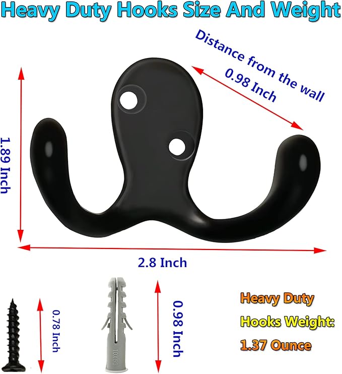 3 Pack Black Double Prong Coats Towel Hooks For Bathrooms Wall Mounted Shower Rustproof, 1.37 Oz Retro Wall Hooks Heavy Duty Hanging Towels Coat Hat Loofah Robe Key Scarf Bag Cap Kitchen Accessories
