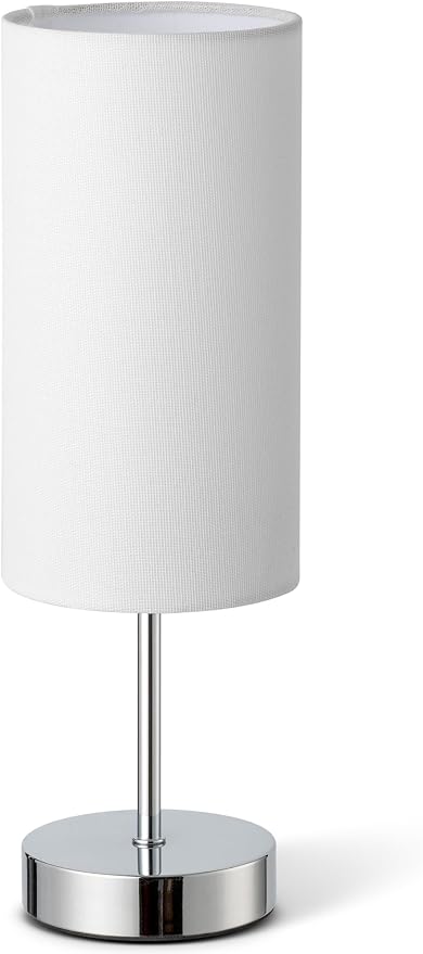 Small Table Lamp for Bedroom Nightstand, Round White Fabric Shade and Silver Metal Base, Modern Minimalist Bedside Lamps for Dresser, End Table, Office, College Dorm, Warm Light, 5W LED Bulb Included