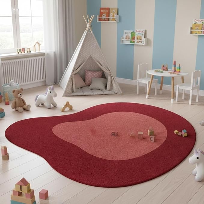 Modern Abstract Shaped Rug 5ft Burgundy Red Irregular Area Rug for Diningroom Living Room Bedroom Office Non Shedding Washable Indoor Carpet Stain Resistant Anti Slip Under Dining Table Floor Cover