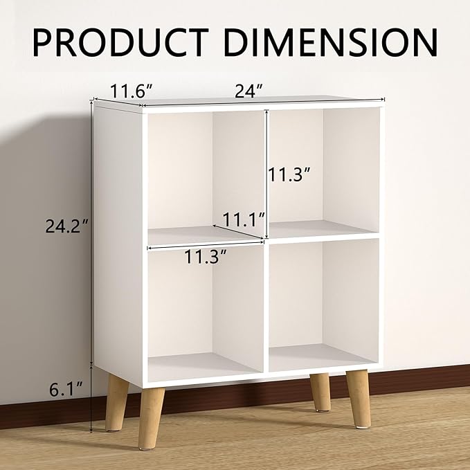 4 Cube Storage Organizer with Legs, 2 Tier Cube Low Bookcase Freestanding Storage Display Organizer for Home Office, Four-Cubes Open Shelf Short Bookshelf (White, 4 Cube)