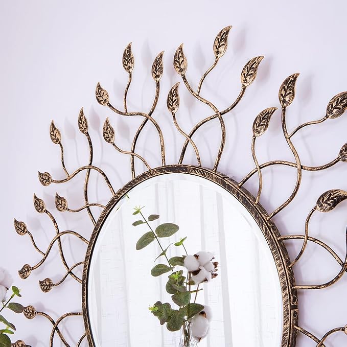 Chende Round Mirror for Dining Room Decor, 32" x 32" Large Mirror for Living Room with Removable Leaves, Beveled Edge and Metal Frame, Decorative Wall Mirror for Entrance Decor