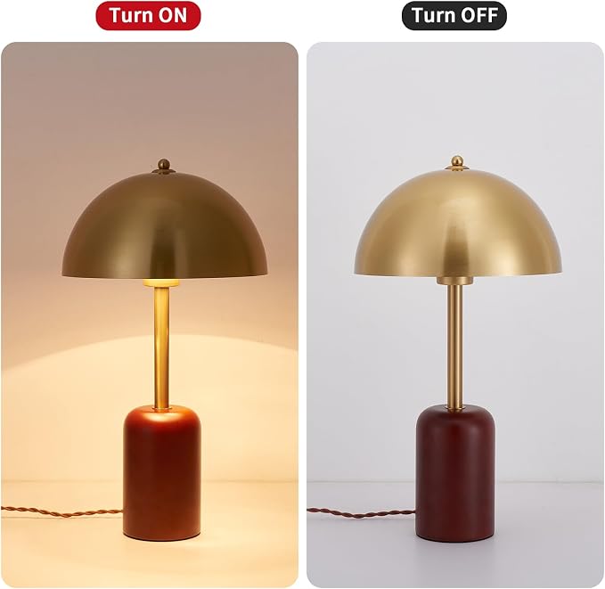 Bedside Table Lamp for Bedroom, Modern Plug in Brass Gold Shade & Cylindrical Wood Base Desk Lamp, Plug & Play Nightstand Lamp with Switch Power Cord for Living Room, Office 【Bulb Included】