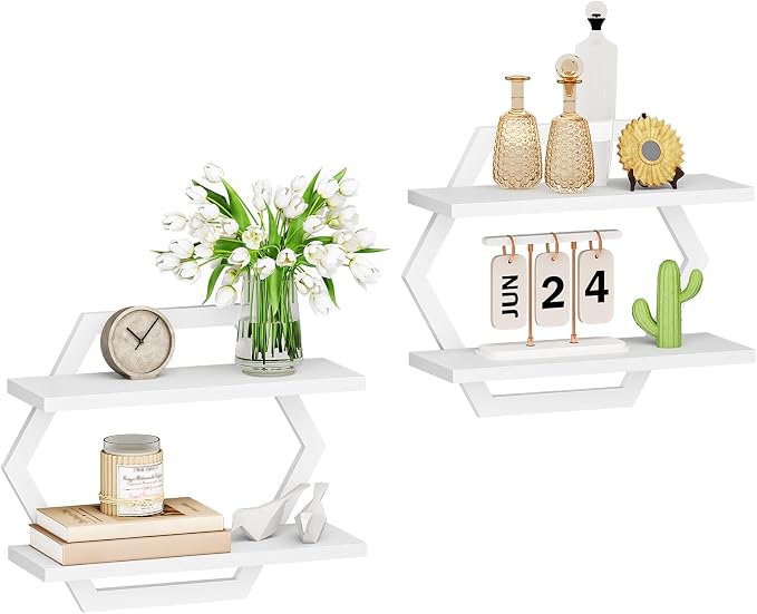 CHOEZON Hexagon Floating Shelves for Wall, Set of 2, 2 -Tier Hanging Shelves, Wall Mounted Storage Shelves, for Living Room, Bedroom, Kitchen, Home Office, Study, White TBJ06P2WB