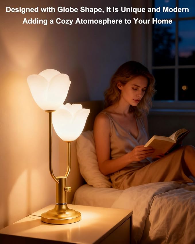 Lightdot Women Bedside Table Lamps for Bedroom, 2-Light Cute Flower Desk Lamp with G9 LED Bulbs, 0-100% Stepless Dimmable Gold Nightstand Lamp, Floral Lamp for Living Room, Home Office,Reading