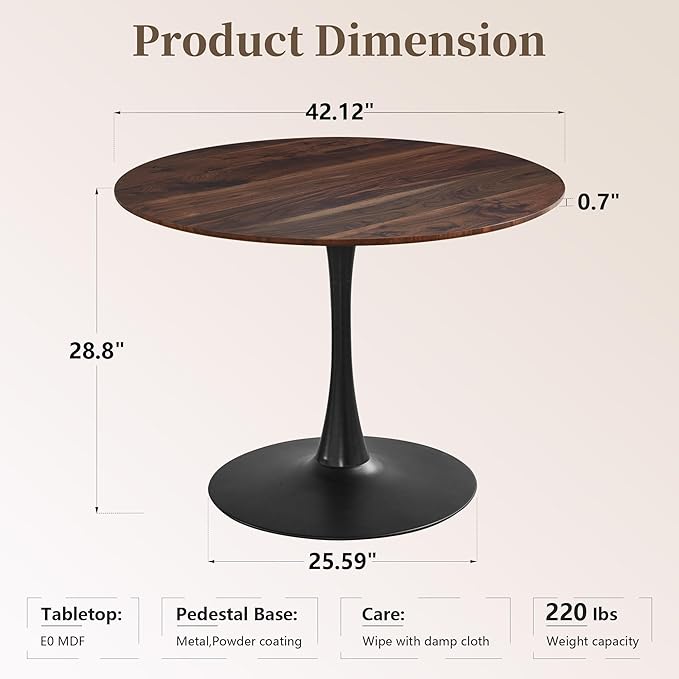 42 Inch Round Dining Table,Mid-Century Tulip Table with Metal Pedestal Base,Modern Leisure Table for Small Space Kitchen Dining Room,Easy Assembly,Walnut and Black