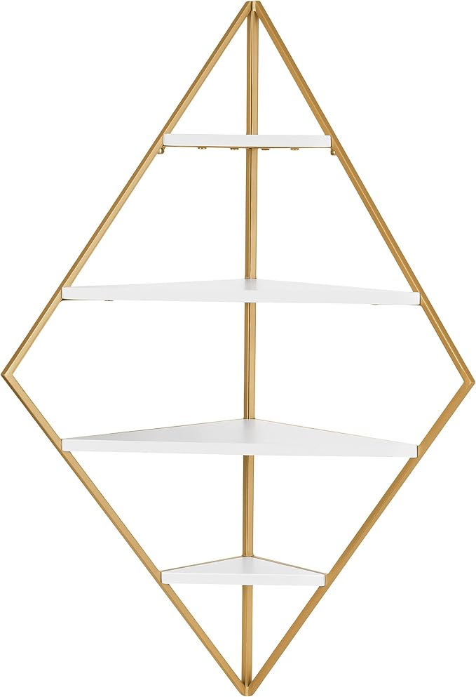 Kate and Laurel Melora Modern Glam Corner Shelf; 24 x 17 x 38; White and Gold; Glamorous Floating Corner Shelving with Four Shelves and Unique Geometric Shape