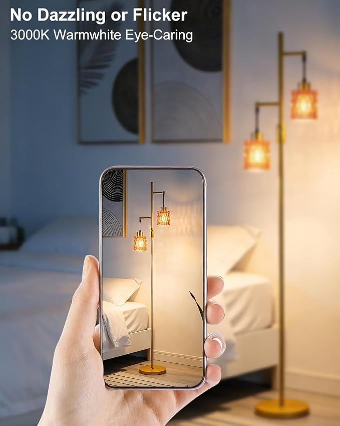 2-Light Glass Floor Lamp, 65IN Tall Standing Lamps Dimmable with Rose Red Glass Lampshade, 3000K Warmwhite Mid Century Modern Floor Lamp with 5Lbs Heavy Base for Living Room/Bedroom