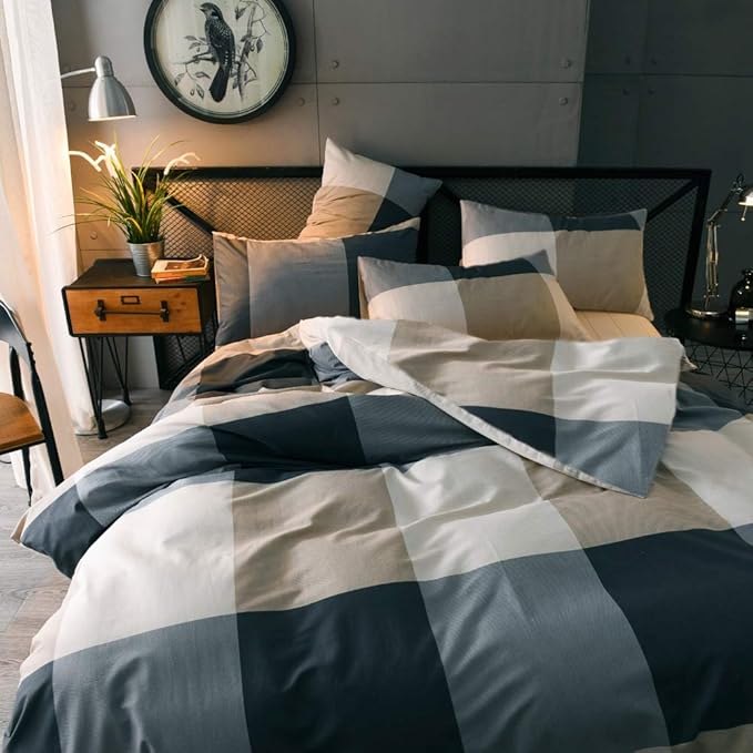 mixinni Twin XL Size Checkered Duvet Cover Set - 3 Piece Grey Geometric Cotton Bedding Set with Zipper Closure & Corner Ties, 100% Washed Cotton Soft Breathable Duvet Cover for Men, Teens (Twin XL)