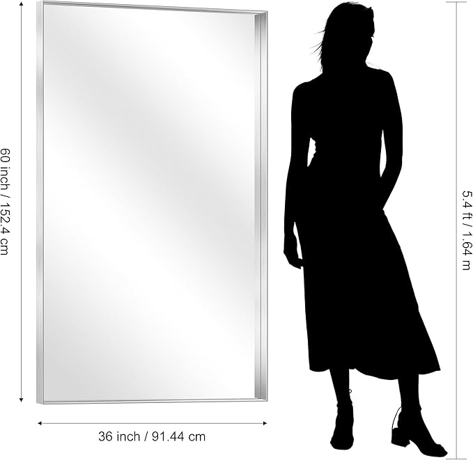 CIRCUMI Silver Bathroom Mirror, 36"x60" Rectangular Mirror with Deep Metal Frame, Brushed Finish, Tempered Glass, Large Mirror for Wall, Over 2 Sinks, Installed Vertically/Horizontally, Crystal-Clear