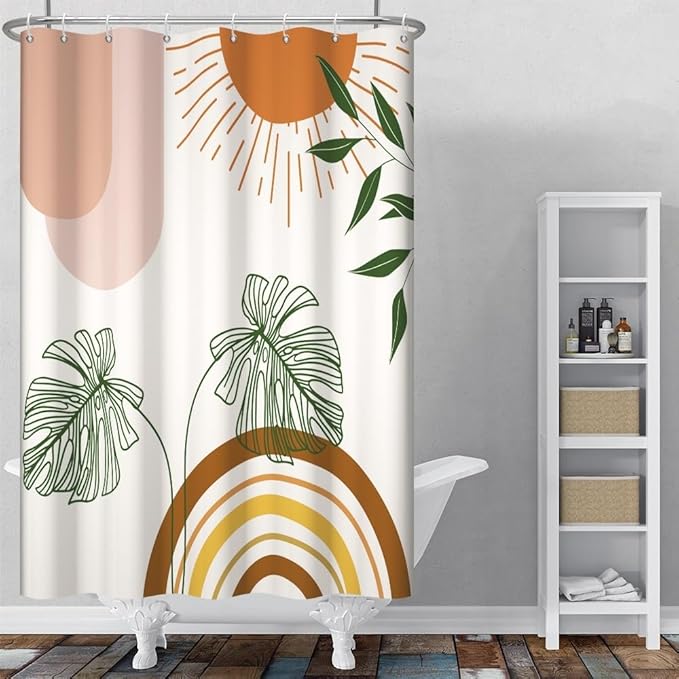 Mid Century Boho Shower Curtain for Bathroom Green Leaves Red Sun Arch Stripes Shower Curtains Modern Bohemian Abstract Bathroom Decor Set Washable Waterproof Polyester Fabric with Hooks 48x72 Inch