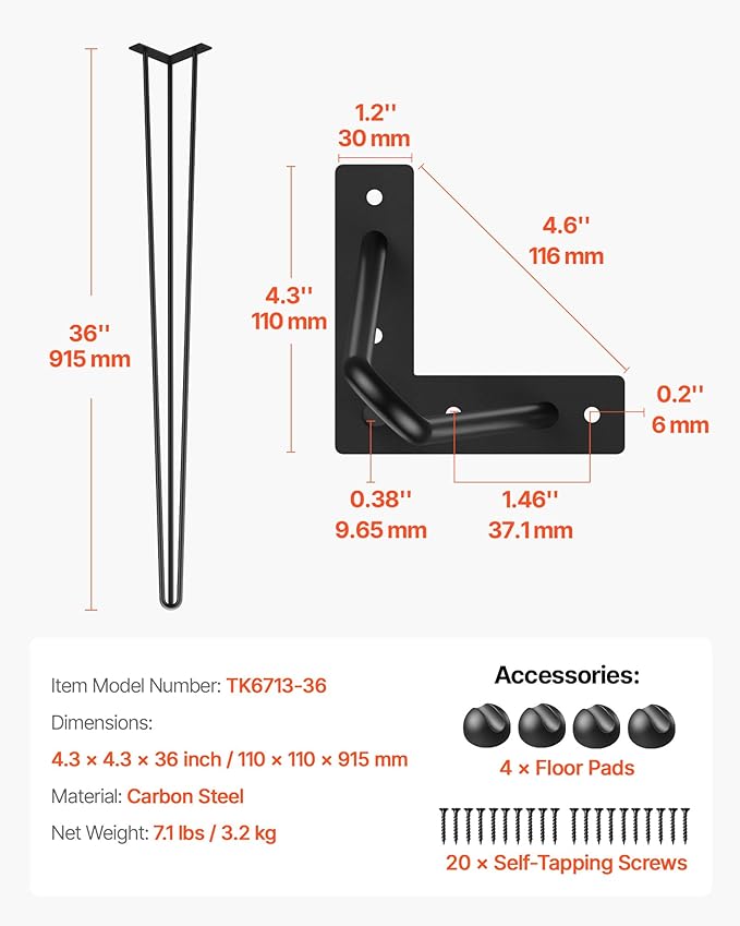 VEVOR Hairpin Table Legs 36 in Black Set of 4 Desk Legs 220 lbs Load Capacity Each Leg Hairpin Desk Legs 3 Rods for Bench Desk Dining End Table Chairs Carbon Steel DIY Heavy Duty Furniture Legs