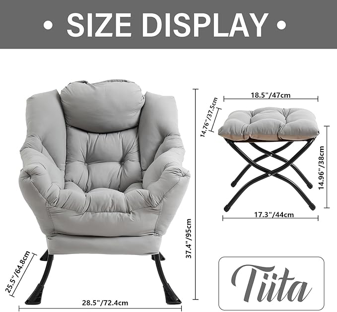Tiita Lazy Chair with Ottoman, Light Grey Modern Large Accent Chair, Comfy Leisure Sofa Armchair with Ottoman, Reading Chair with Footrest for Bedroom, Living Room, Dorm Rooms, Peach Light Grey