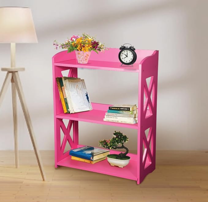 Pink Bookcase by Natural Wood, 3 Tier Bookshelf, Small Book Shelves Freestanding Display Storage Shelves. Open Bookshelf for Bedroom, Living Room and Office (Pink, 3 Tier)