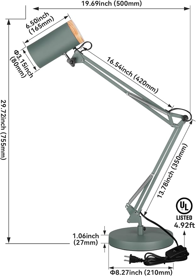 TORCHSTAR Tall Swing Arm Desk Lamp with Wooden Accent, Adjustable Large Size Max Height 31", E26 Base Metal Task Lamp, Office Desktop Lamp with On/Off Switch, for Reading, Study, Workbench, Green